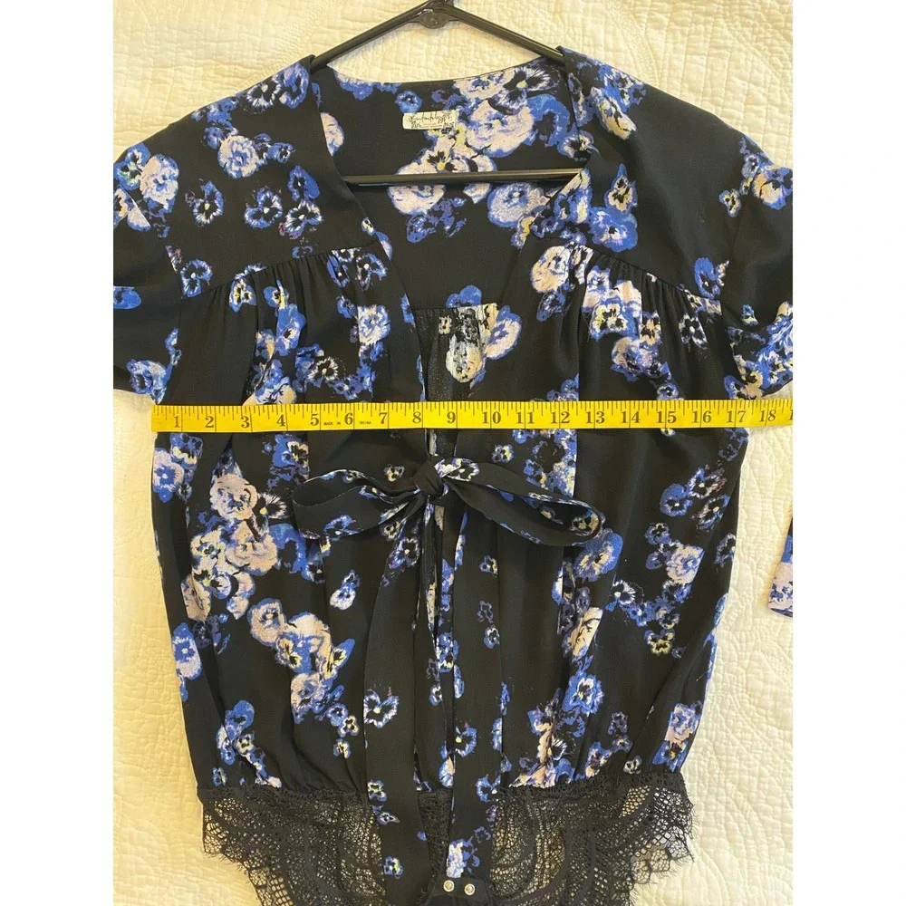 Intimately‎ Free People Forties Feels Floral Bodysuit Black Blue Tie Front S